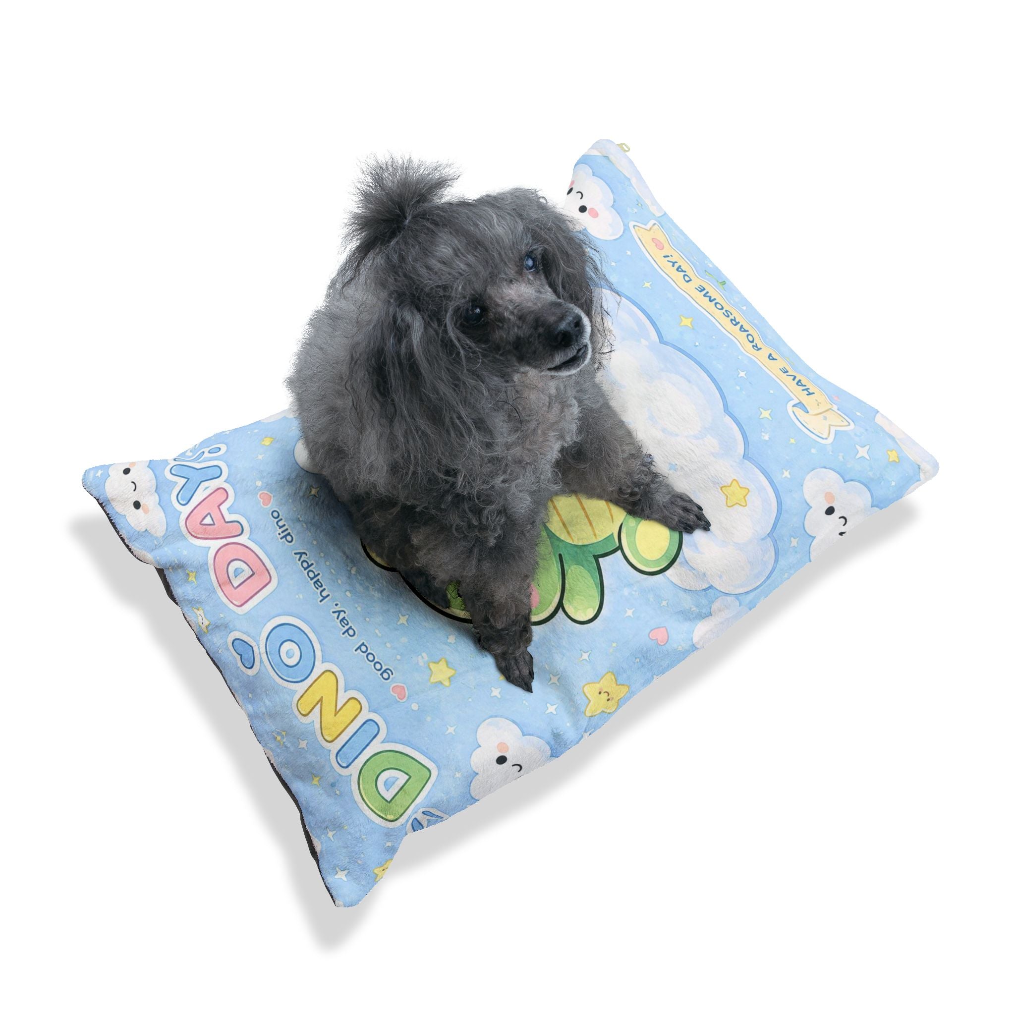 Kawaii Cloud & Dino Pet Bed — Soft Blue Plush Pillow for Dogs & Cats