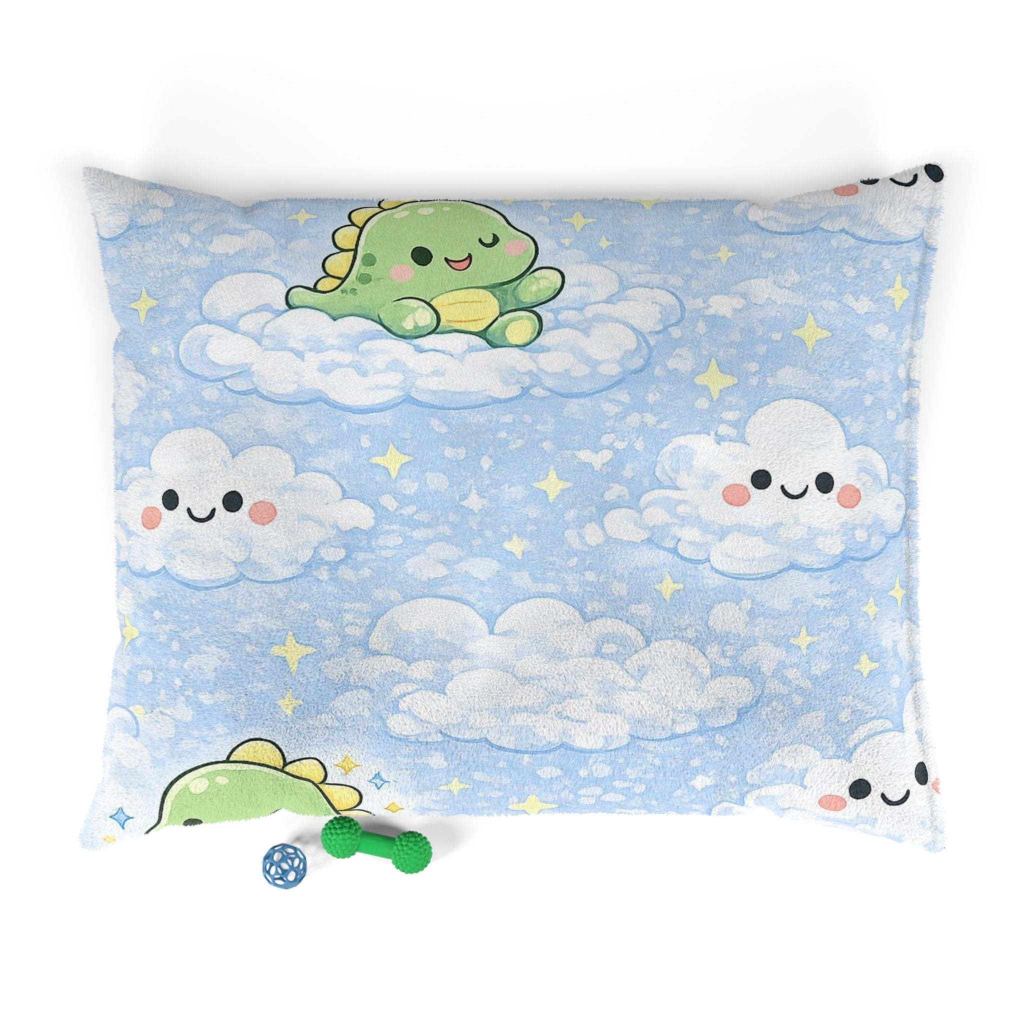 Kawaii Cloud & Dino Pet Bed — Soft Blue Plush Pillow for Dogs & Cats
